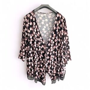 NWT Lane Bryant Black Pink Floral Open-Front Chiffon Cardigan 26/28